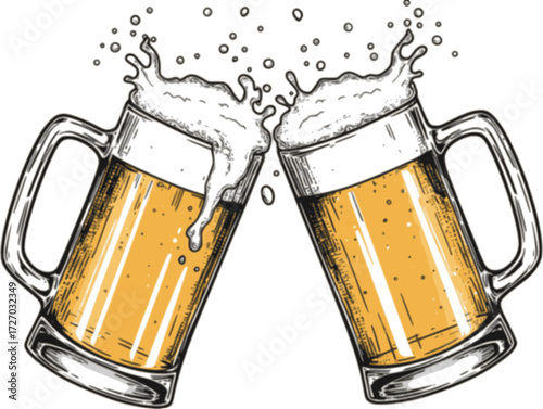 Two frothy beer mugs clinking with splashes in black and white illustration. Vector illustration
