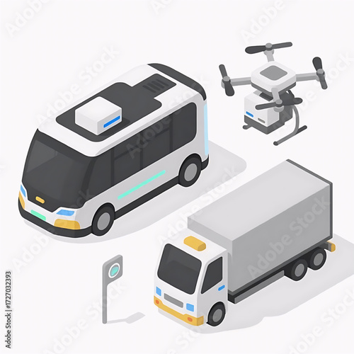 Isometric Epic Vector Illustration of Autonomous Vehicles Set