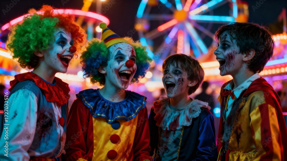 Naklejka premium Children in scary clown and zombie costumes at a carnival at night