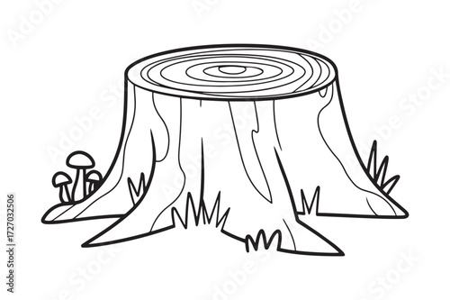 Simple Black and White Tree Stump with Mushrooms and Grass Coloring Page Line Art Illustration