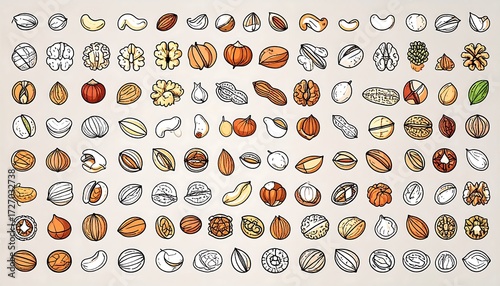 A diverse array of nuts and seeds, some halved, drawn with black outline and light coloring