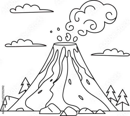 Outline Drawing of an Active Volcano Erupting Smoke and Lava with Forest Trees Below for Coloring Page