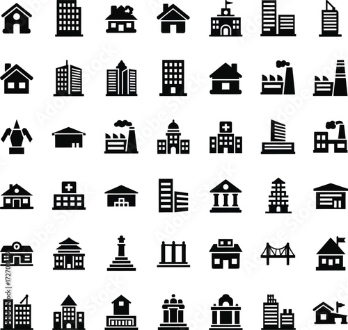Collection of diverse building icons for architecture and city design