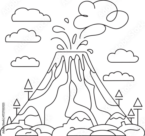 Outline Drawing of an Active Volcano Erupting Smoke and Lava with Forest Trees Below for Coloring Page