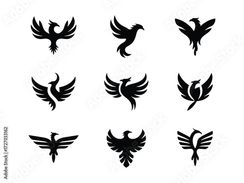 Unique phoenix bird logo illustration, black vector artwork of legendary flame-born mythological creature