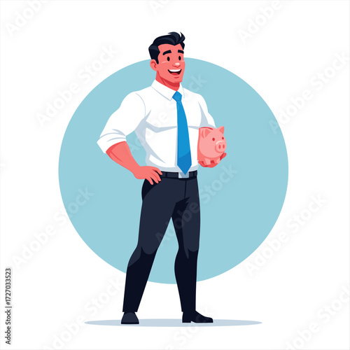 Successful businessman holding a piggy bank securing a prosperous future in business