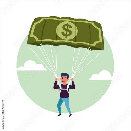Cheerful person descends with a money parachute, symbolizing significant financial gain and business prosperity