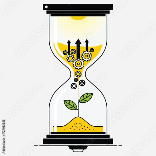 Conceptual design of an hourglass depicting the flow of time and strategic resource management, leading to significant growth and the realization of future potential