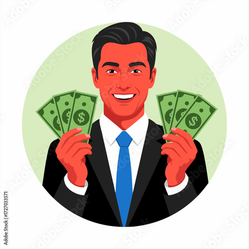 Vibrant illustration of a happy businessman with cash, symbolizing profitable business success and financial abundance