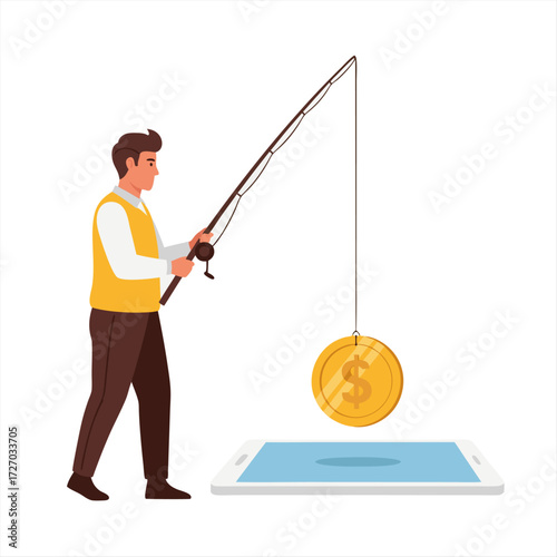 Business concept of earning money online using a smartphone, represented by a person fishing for coins