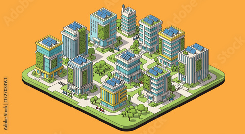 Isometric city showcases sustainable architecture with solar panels and green walls, promoting ecofriendly urban living in a bright and modern style.
