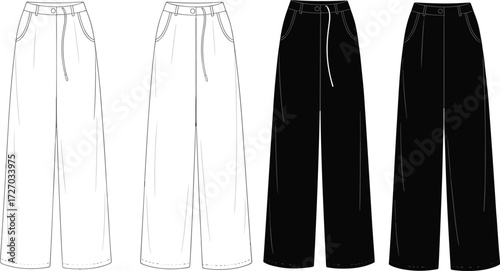 Wide leg pants fashion illustration, technical flat sketch, drawstring waist trousers design, front view apparel template, stylish garment, cad drawing flat vector