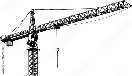 Black and white line drawing of a tower crane, detailed construction sketch. Vector illustration

