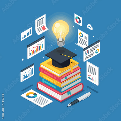Stack of colorful books with graduation cap and glowing lightbulb represents education and knowledge in isometric view, symbolizing learning and success.