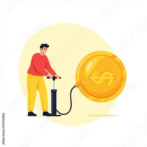 Pumping Up Business Inflation Illustration with Dollar Coin and Hand Pump