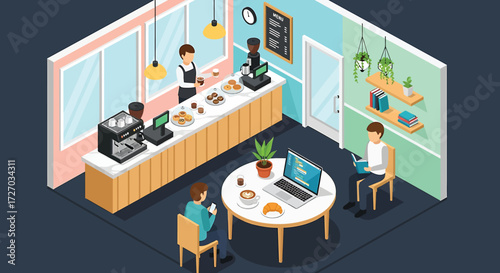 People enjoying coffee and pastries at a modern cafe, with baristas serving customers and individuals working on laptops in a cozy and inviting atmosphere.