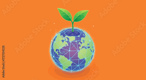 Green sprout growing from earth globe, symbolizing environmental awareness and sustainable future on vibrant orange backdrop, conveying hope and growth.