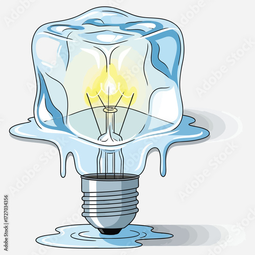 Melting Ice Cube Encasing a Light Bulb A Symbolic Illustration of Energy Consumption