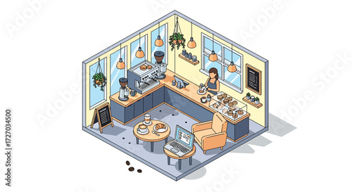 Isometric view of a cozy coffee shop with barista preparing drinks and customer working on laptop, creating a warm and inviting atmosphere.