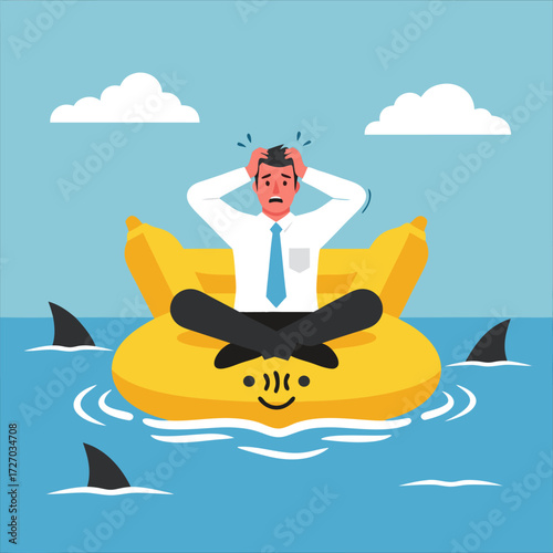 Anxious businessman adrift on a small raft, surrounded by predatory sharks, symbolizing severe business risk and crisis