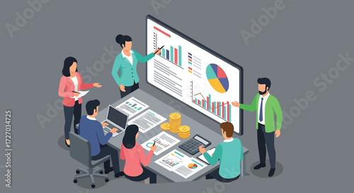 Business team analyzing data on a screen during a meeting in the office, focusing on growth and success with a collaborative atmosphere.
