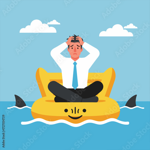 Stressed businessman adrift in a sea of risk and financial danger, a business crisis concept