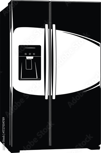 Modern black refrigerator with water dispenser, kitchen appliance design