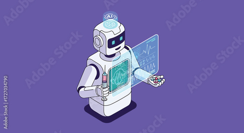 Robot holding syringe and pills analyzes data on futuristic screen in laboratory, showcasing medical technology and innovation.