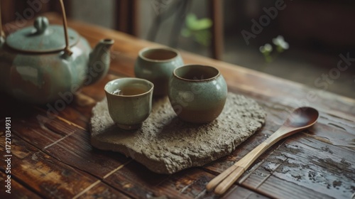 Morning Beverage Essentials: Hot Tea Teapots, Black Coffee Mugs, White China Saucers & Empty Clay Jugs