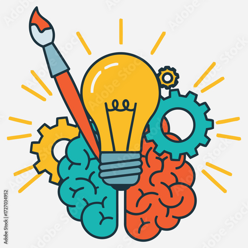 Creative idea and logical thinking concept showing synergy between left and right brain hemispheres with a lightbulb and gears