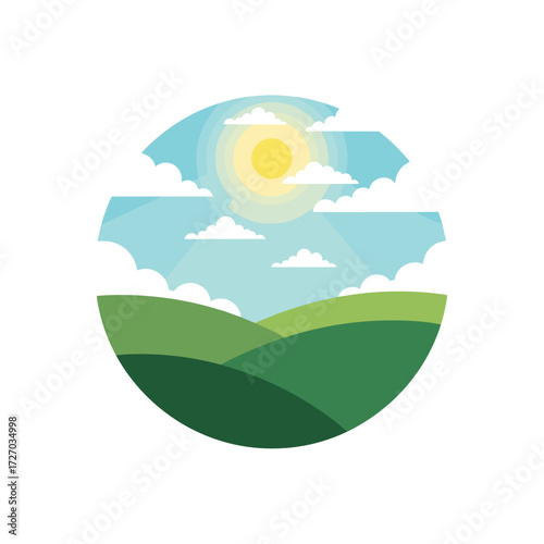 circular landscape, sunny landscape, hills and sun, clouds and hills, round nature scene, countryside landscape, bright sunny hills, peaceful landscape, green hills and sun, sky with clouds, nature ci
