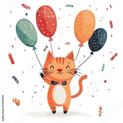 Funny cartoon party cat with balloons isolated over white background. Colorful joyful greeting card for birthday or other festive events. Created with, Generative AI