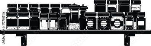 Black and White Spice Jars on Shelf, Kitchen Pantry Organization Concept