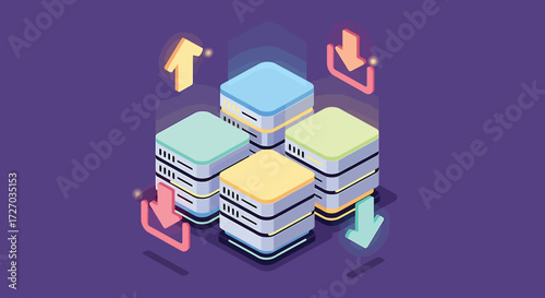 Isometric Vector of Servers Stacking Data with Upload and Download Arrows Representing Cloud Computing