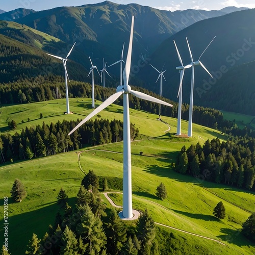 Wind turbines in a lush green valley