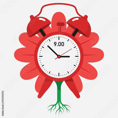 Vibrant red conceptual illustration of an alarm clock shaped like a blooming flower with visible roots, symbolizing the natural cycle of time, growth, and the awakening of a new day