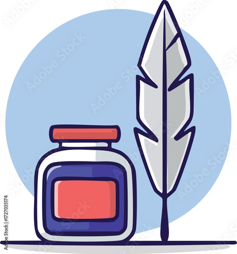 A feather quill and a bottle of ink in a circle. A simple, modern vector icon for writing, calligraphy, and creative content. Generative AI