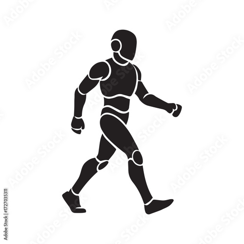 Black silhouette of humanoid robot figure in motion walking forward