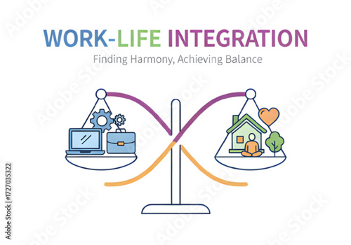 Work Life Balance Scale Line Art Blue Purple Orange PNG on Transparent Background
