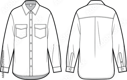 Long sleeve button up shirt fashion illustration, technical flat sketch, chest pocket design, front and back apparel template, cad drawing flat vector