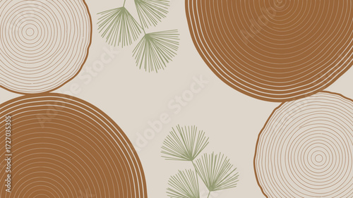 Abstract background with concentric circles and stylized leaves on a beige colored surface