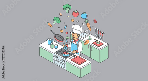 Vector Illustration of Chef Cooking Vegetables with Floating Ingredients in Modern Kitchen