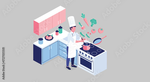 Vector Illustration of Chef Preparing Healthy Meal with Fresh Vegetables in Modern Kitchen