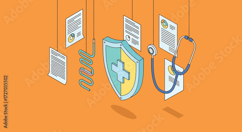 Vector Illustration of Medical Shield Protecting Healthcare Documents and Stethoscope in Modern Style