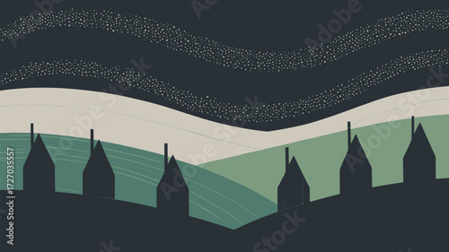 Stylized landscape with silhouetted houses under a starry night sky in shades of green and dark blue