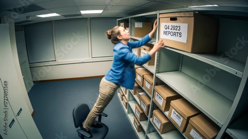 A woman dangerously balances on a rolling office chair to reach a box of reports on a high shelf in an archive room