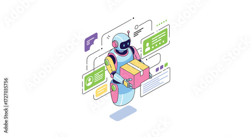 Vector Illustration of Autonomous Delivery Robot Navigating a High-Tech Warehouse with Holographic Interface Elements