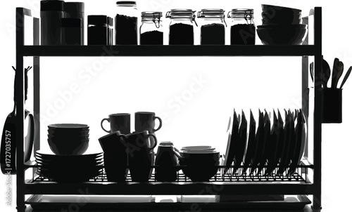 Dish Rack with Jars, Plates, Bowls