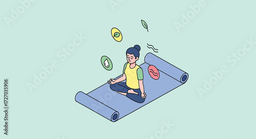 Vector Illustration of Woman Meditating on Yoga Mat with Floating Symbols in Peaceful Studio Setting, Embracing Mindfulness and Inner Peace