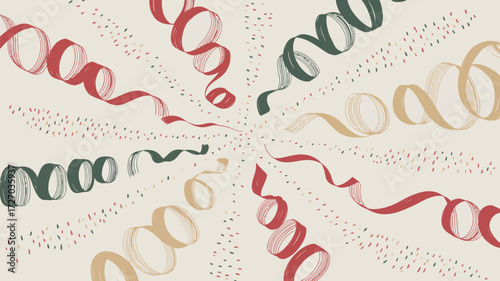 A whimsical pattern featuring colorful ribbons and confetti scattered across a light background design